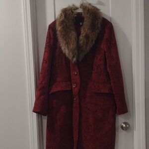 Vintage Giacca Burgundy Trench Coat with Removable Faux Fur Collar XL
